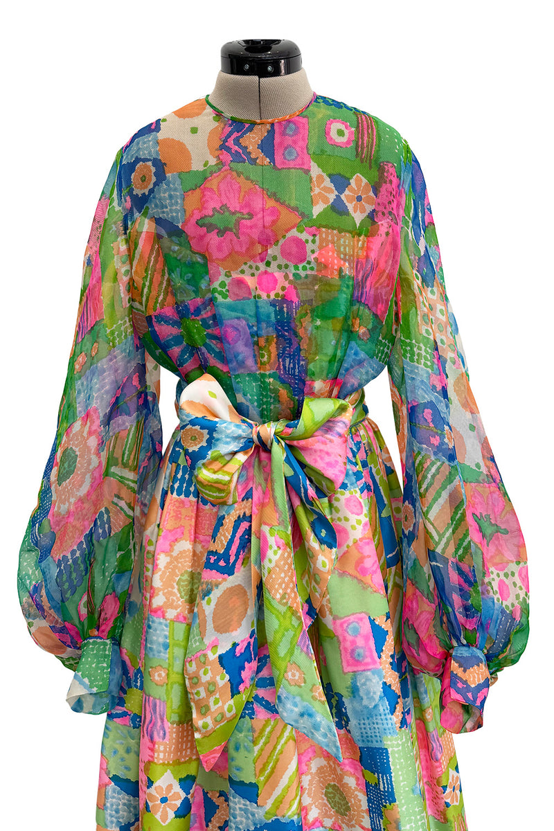 Fantastic Spring 1969 Kiki Hart Multi Colour Floral & Pattern Silk & SIlk Organza Dress w Balloon Sleeves