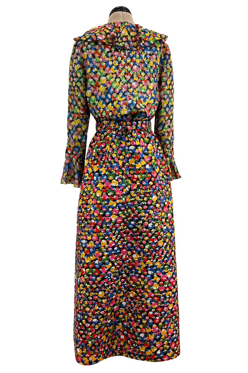 Numbered 1970s Christian Dior by Marc Bohan Demi-Couture Metallic Multi Color Silk Set