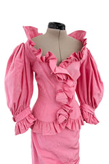 Phenomenal Spring 1988 Jean Louis Scherrer Haute Couture Pink Ruffle Suit w Balloon Sleeves