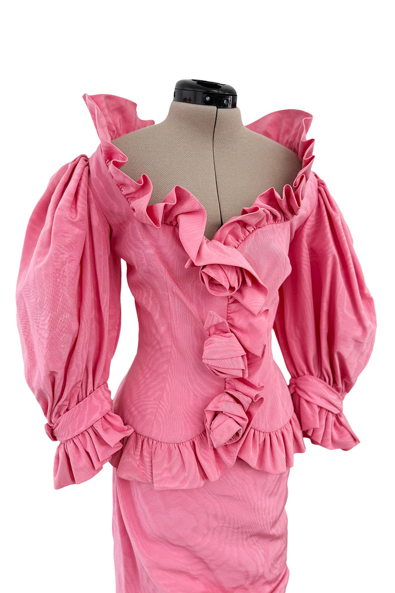 Phenomenal Spring 1988 Jean Louis Scherrer Haute Couture Pink Ruffle Suit w Balloon Sleeves