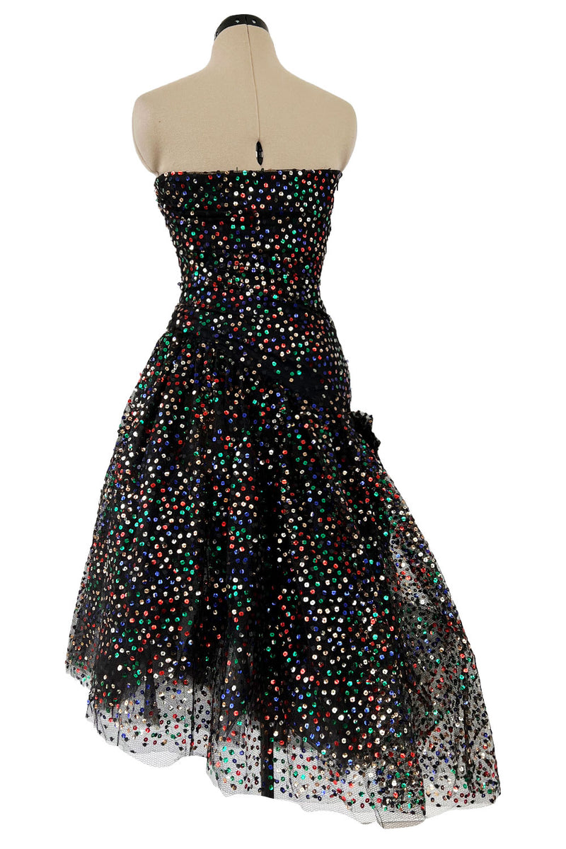 Gorgeous 1980s Arnold Scaasi Black Net Dress w Multi Colour Sequins & Asymmetrical Skirt