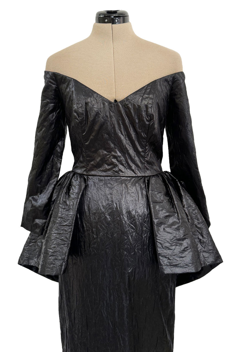 Glamourous 1980s Loris Azzaro Black Off Shoulder Leather Look Dress w Hip Peplum