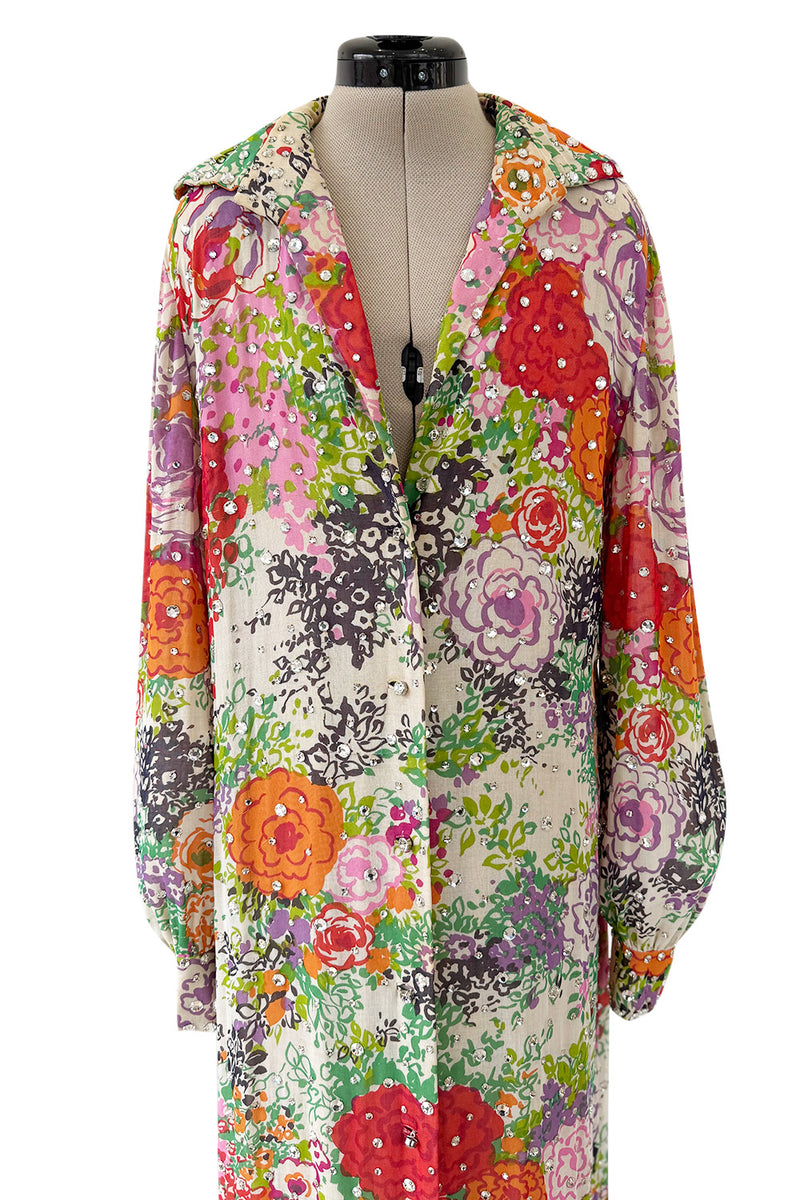 Beautiful Spring 1974 Pauline Trigere Runway Floral Print Dress w Rhinestone Detailing