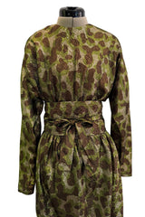 Fall 1979 Halston Runway Olive Brown & Deep Metallic Gold Leopard Print Bias Cut Dress w Belt