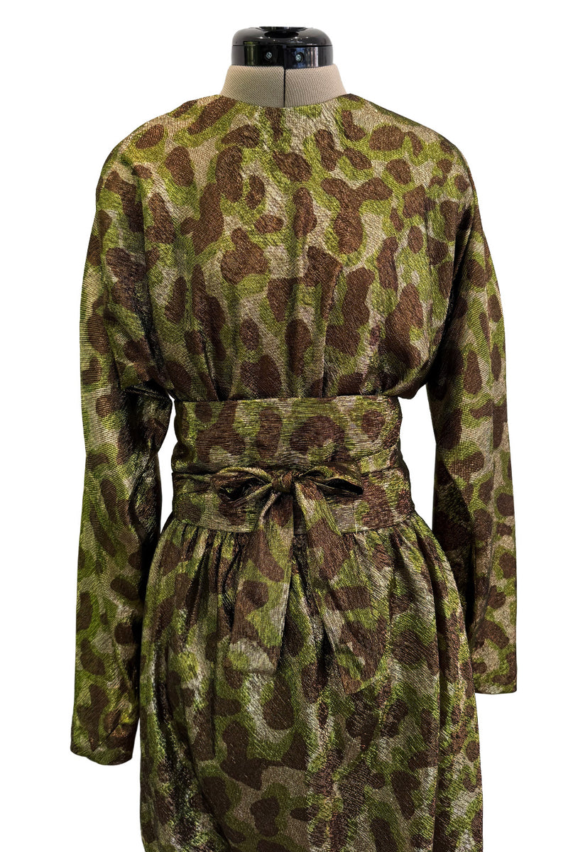 Fall 1979 Halston Runway Olive Brown & Deep Metallic Gold Leopard Print Bias Cut Dress w Belt
