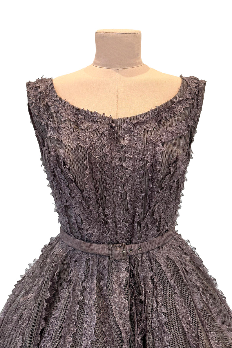 Exceptional 1950s Jacques Heim Golden Era Haute Couture Ultra Rare Purple-Gray Net & Handmade Lace Dress