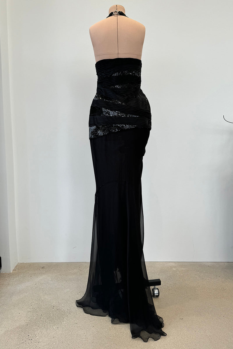Versace Fall 2006 Black Silk & Sequin Plunge Dress - 14-14.5" W