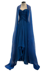 Prettiest Spring 1990 Oscar De La Renta Deep Sapphire Blue Silk Chiffon Strapless Dress w Matching Cape