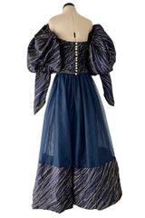 Very Rare Fall 1986 Chanel by Karl Lagerfeld Blue & Gold Strapless w Removable Sleeves