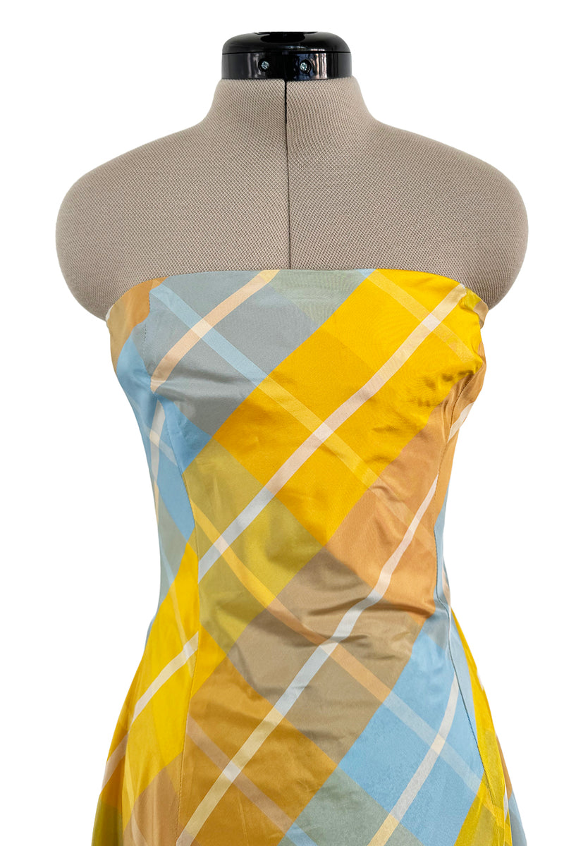 Beautiful Late 1980s Pierre Balmain Pastel Blue & Yellow Feather Light Strapless Silk Dress w Full Skirt