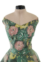 Gorgeous 1950s David Hart Organza Covered Cotton Floral Print Dress w Sequin Detailing