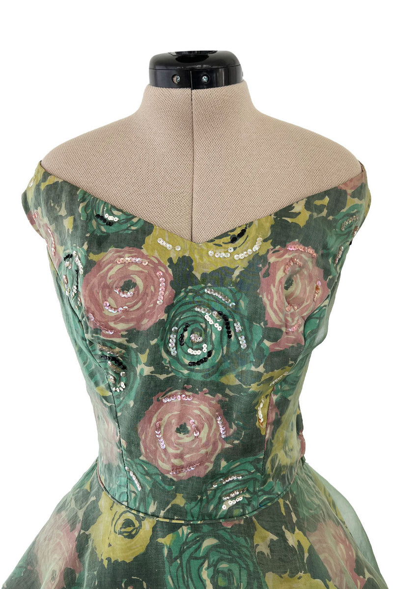 Gorgeous 1950s David Hart Organza Covered Cotton Floral Print Dress w Sequin Detailing