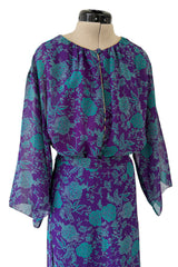1976 Christian Dior by Marc Bohan Printed Purple & Turquoise Silk Chiffon Skirt & Jacket Set