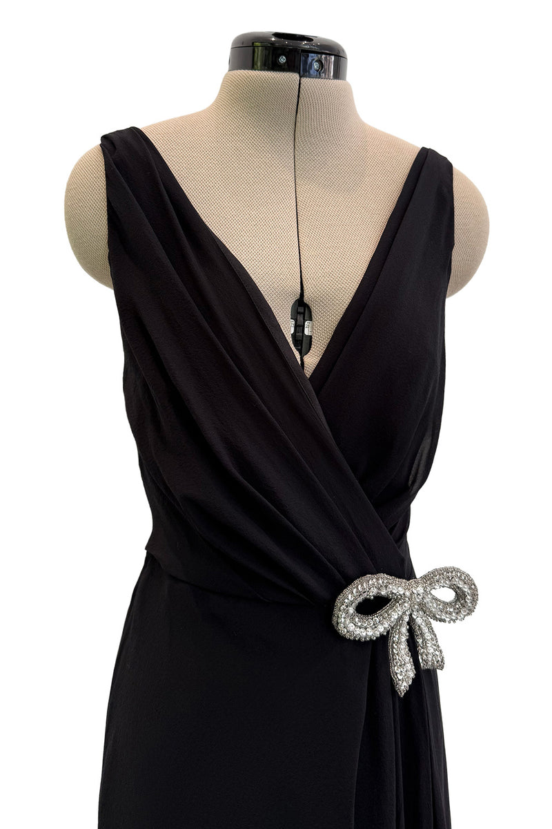 Beautiful 2000s Valentino Roma Black Bias Cut Silk Chiffon Dress w Front & Back Plunge & Silver Sequin Bow