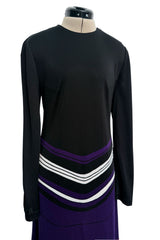 Fantastic Spring 1970 Louis Feraud Easy-to-Wear Printed Purple & Pink on Black Jersey Dress