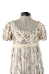 Spring 1967 George Halley Couture Pale Pink Dress w Rhinestones, Hand Emroidery & Flower Detailing