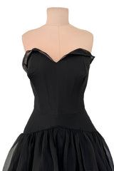 1940s Jean Patou Haute Couture Strapless Black Silk Chiffon Dress w Tiered Full Skirt