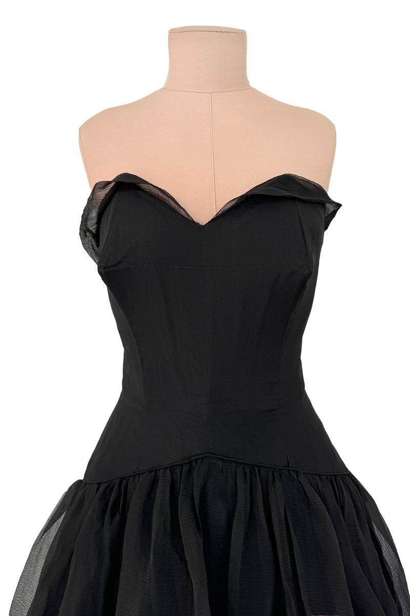 1940s Jean Patou Haute Couture Strapless Black Silk Chiffon Dress w Tiered Full Skirt