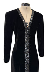 Fall 1998 Yves Saint Laurent Runway Black Velvet Dress w Elaborate Black Sequin Detailing