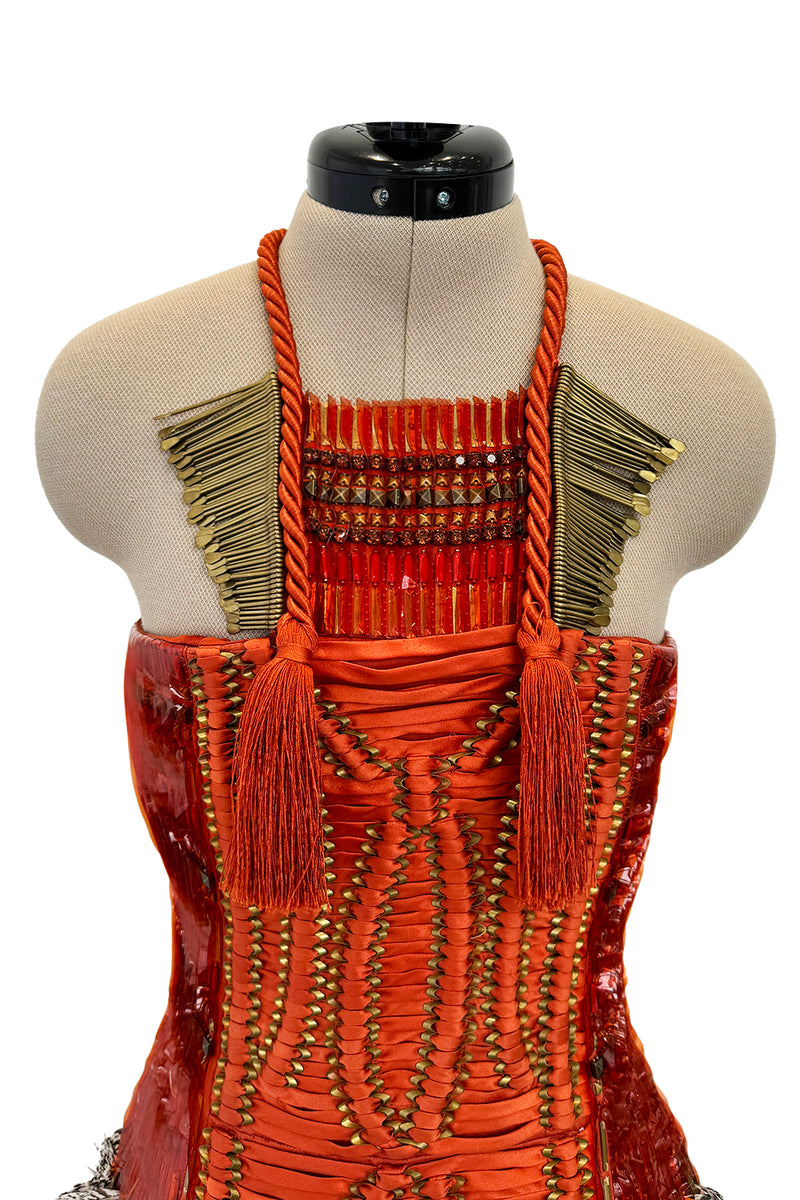 Iconic Spring 2011 Gucci by Frida Giannini Runway Look 41 Burnt Orange Silk Cord, Brass & Feather Dress