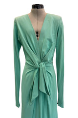 Iconic Spring 1985 Yves Saint Laurent Haute Couture Runway Pale Green Silk Dress w Front Plunge & Tie