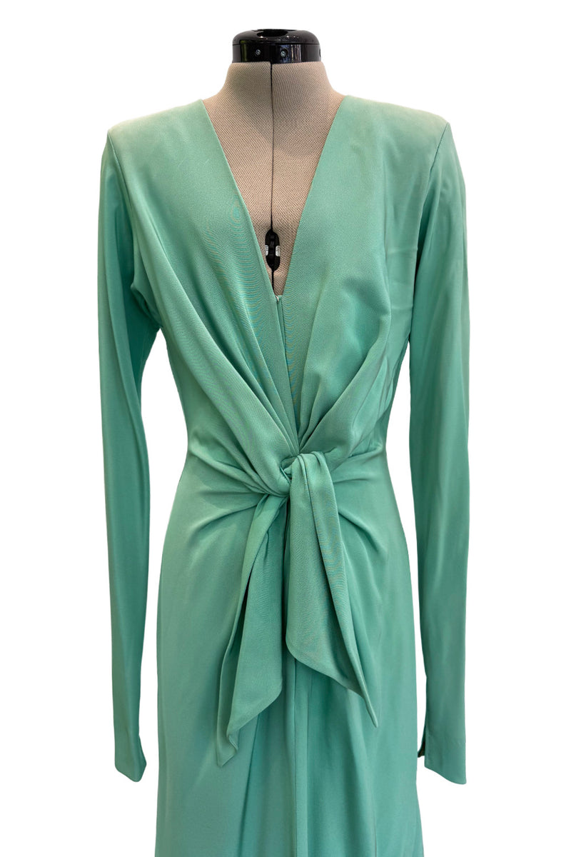 Iconic Spring 1985 Yves Saint Laurent Haute Couture Runway Pale Green Silk Dress w Front Plunge & Tie