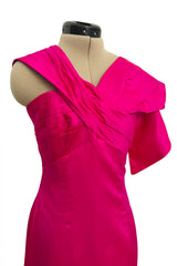 2000s Valentino Roma Brillaint & Vibrant Pink Silk One Shoulder Dress w Draped Front Panels