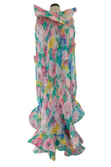 Beautiful 1980s Pierre Cardin Haute Couture Silk Chiffon Pastel Floral Ruffled Strapless Dress & Cape