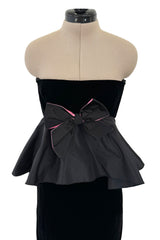Exceptional Fall 2005 Original Valentino Runway Look 82 Black Velvet Dress w Bows, Silk Tiers & Pink Detailing