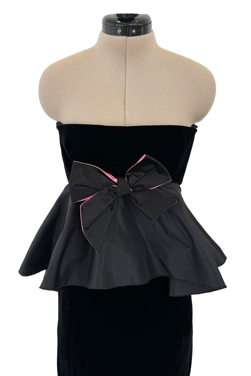 Exceptional Fall 2005 Original Valentino Runway Look 82 Black Velvet Dress w Bows, Silk Tiers & Pink Detailing