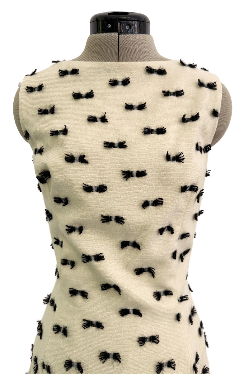 Rare & Chic Fall 1999 John Galliano Soft Ivory Wool Sleeveless Shift Dress Covered in Tiny Black Yarn Bows