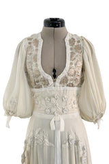 Rare 1969-75 Thea Porter Couture Embroidered Silk Organza & Gold Metallic Dress w Balloon Sleeves