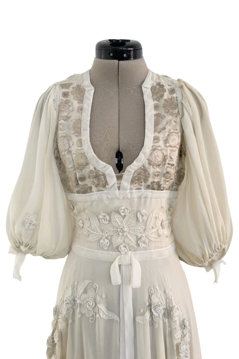 Rare 1969-75 Thea Porter Couture Embroidered Silk Organza & Gold Metallic Dress w Balloon Sleeves