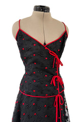 Fantastic 1970s Stavropoulos Wrap Skirt and Top Set w Embroidered Red Dots & Metallic Thread Pattern