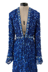 Documented 1970 Oscar de la Renta Brilliant Blue Sequin & Rhinestone Plunge Dress