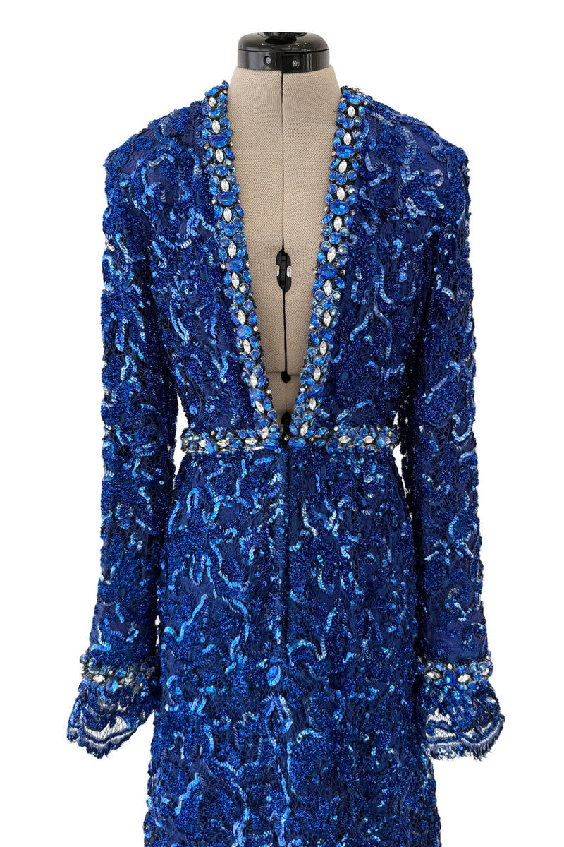 Documented 1970 Oscar de la Renta Brilliant Blue Sequin & Rhinestone Plunge Dress