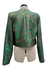 c1993 Yves Saint Laurent Brilliant Green Cropped Jacket w Gold & Red Metallic Detailing