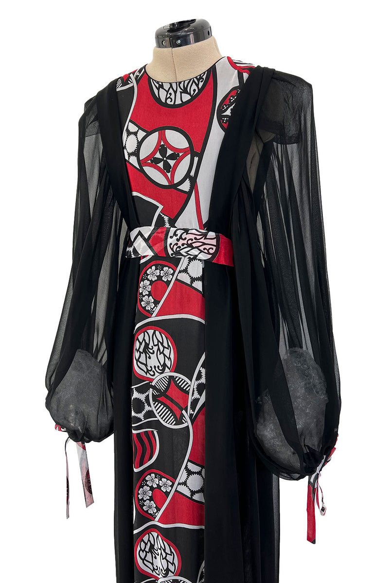 Extraordinary 1969 Thea Porter Black Silk Chiffon Dress w Red Print & Huge Balloon Sleeves