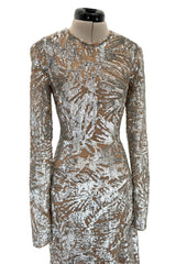 Spring 2018 Michael Kors Runway Look 72 Silver Sequin Dress on Nude Stretch Net w Asymmetrical Hem