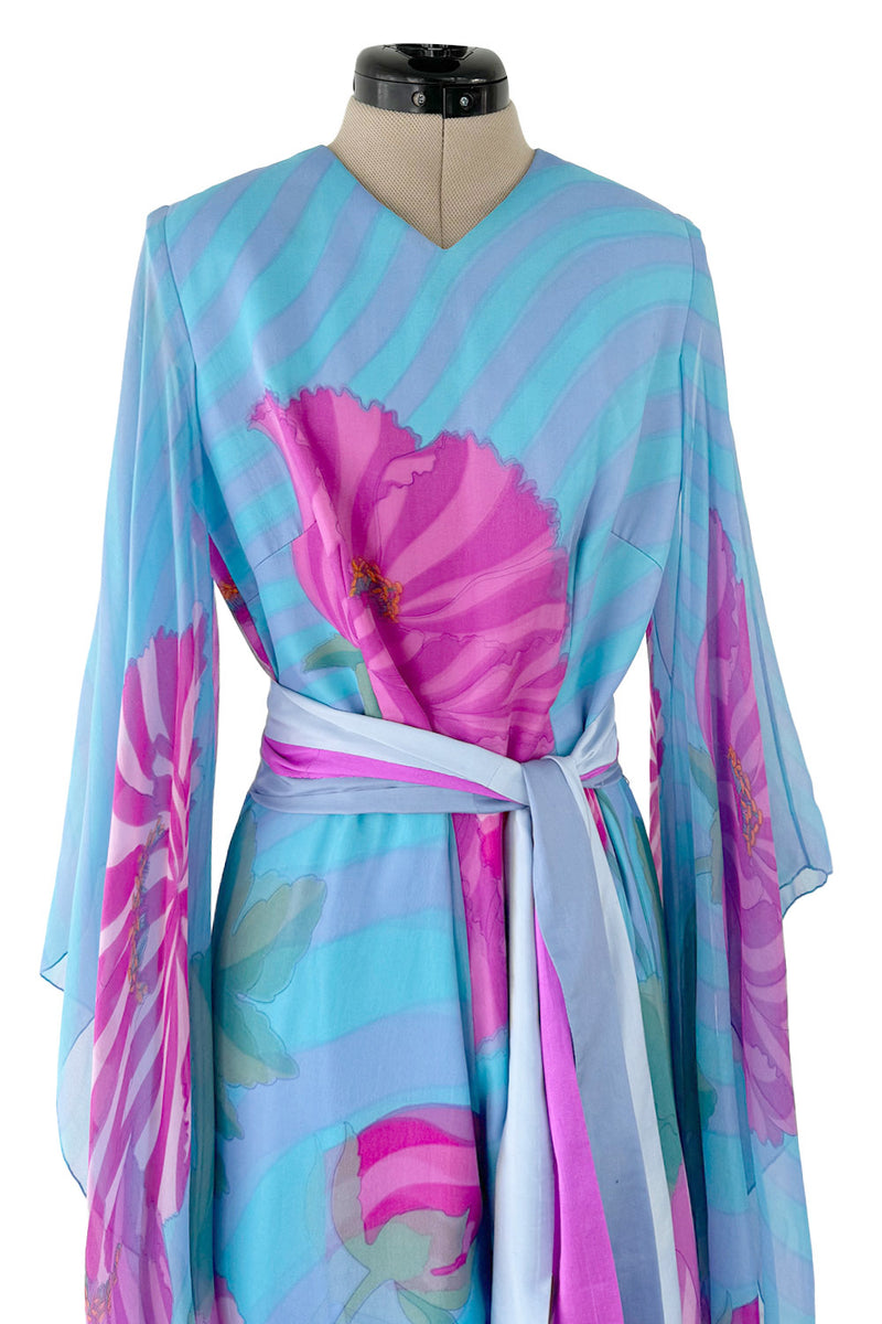 Dreamy c. 1969 Hanae Mori Couture Printed Silk Chiffon Jumpsuit w Floor Length Angel Sleeves