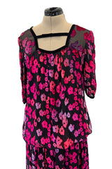 Prettiest 1970s Courreges Bright Pink Floral Velvet on Black Silk Chiffon Dress w Numbred Label