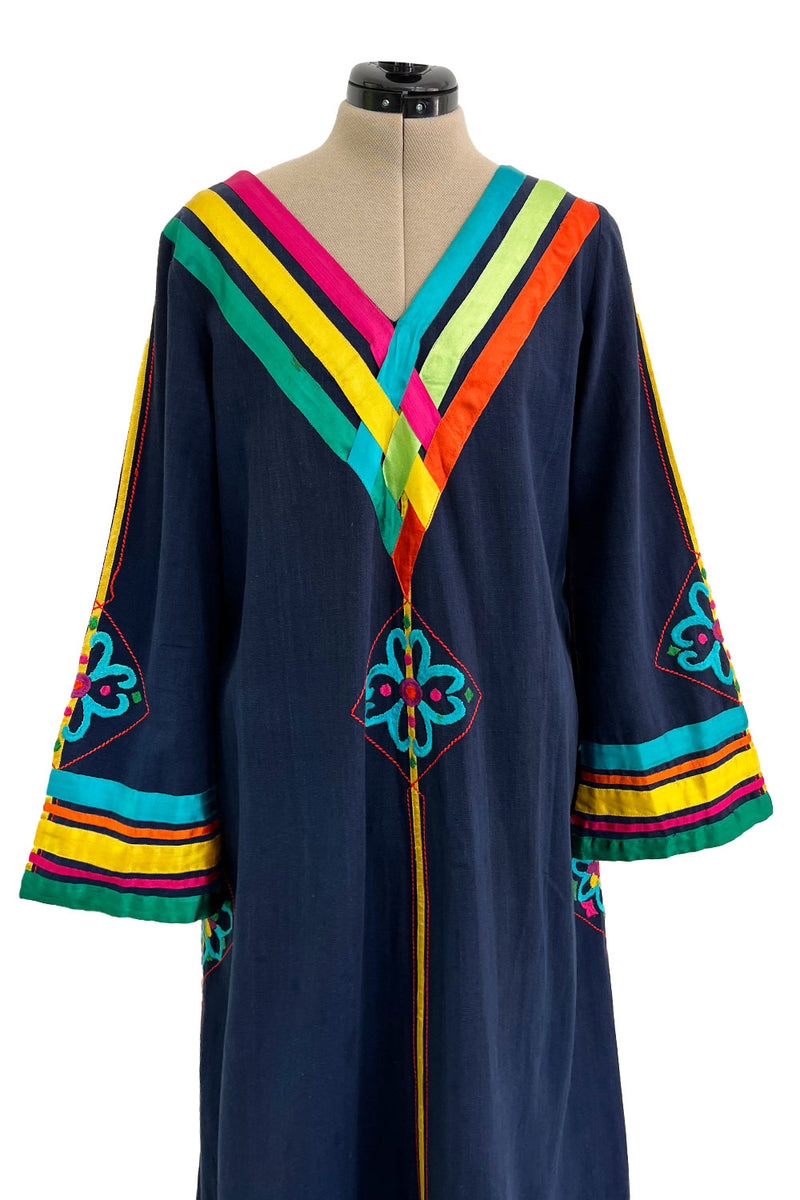 Colourful 1960s Josefa Deep Blue Cotton Caftan Dress w Multi Coloured Ribbns & Hand Embroidery