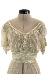 Beautiful 1910 Unlabeled Heirloom Ivory Net Wedding Dress w Elaborate Sequin & Bead Work