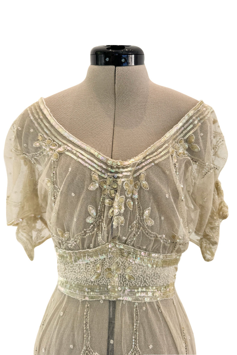 Beautiful 1910 Unlabeled Heirloom Ivory Net Wedding Dress w Elaborate Sequin & Bead Work