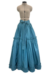 Spectacular 1970s Yves Saint Laurent Deep Turquoise Blue Silk Off Shoulder Fuffled Top & Matching Skirt Set