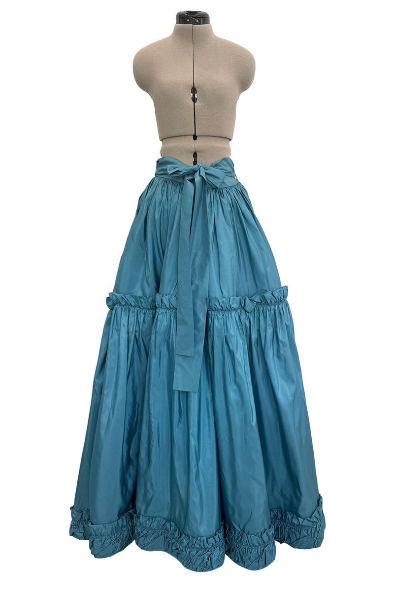 Spectacular 1970s Yves Saint Laurent Deep Turquoise Blue Silk Off Shoulder Fuffled Top & Matching Skirt Set