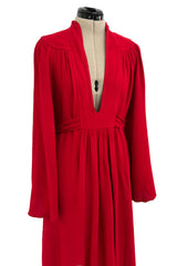 Amazing 1970 Ossie Clark 'Graduation' Deep Front Plunge Maxi Dress in a Red Moss Crepe
