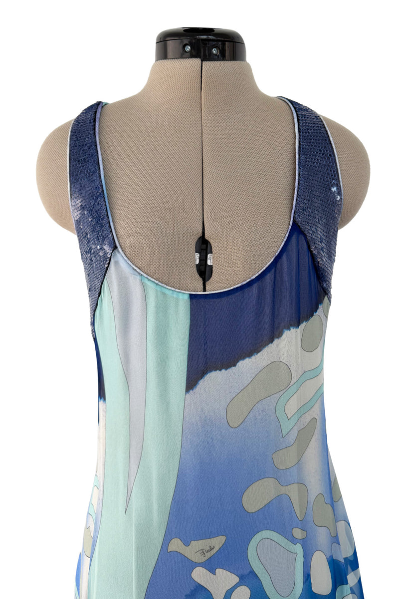 Spring 2010 Emilio Pucci by Peter Dundas Runway Look 24 Blue Printed Silk Chiffon & Sequin Dress