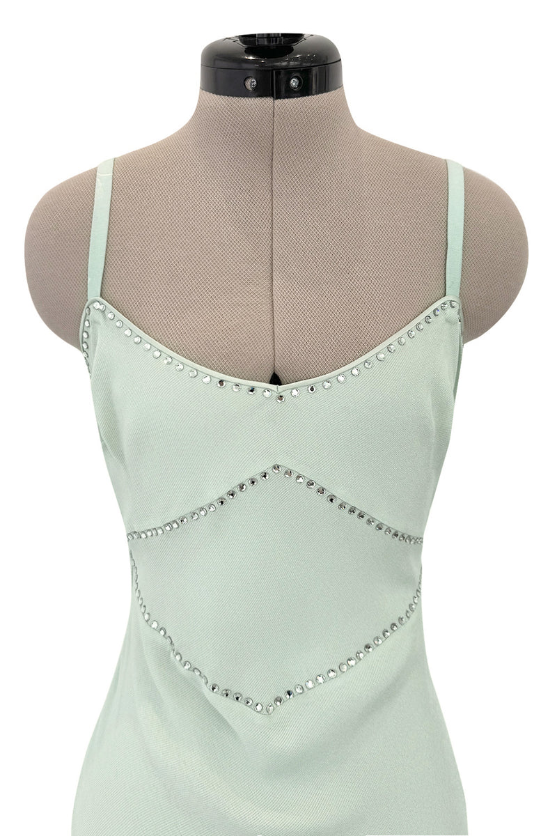 Fabulous Spring 2004 John Galliano Pale Mint Green Bias Cut Slip Dress w Rhinestone Detailing