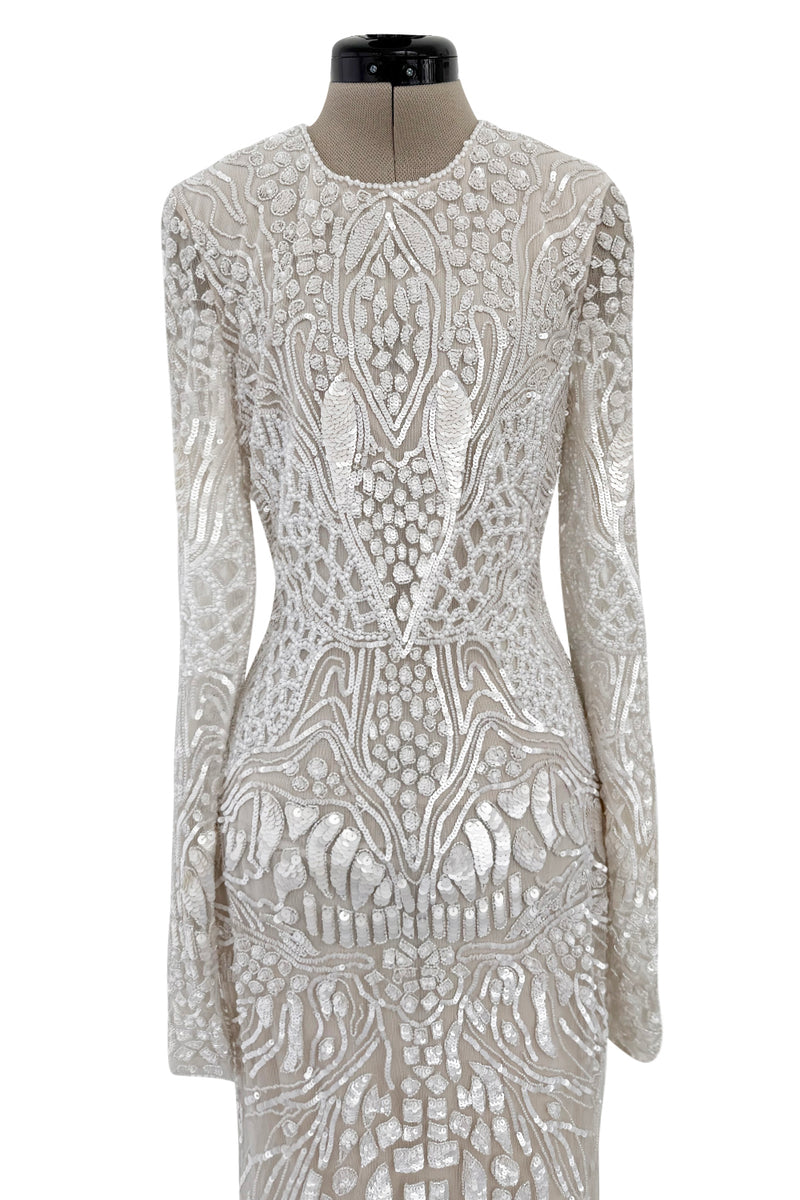 Beautiful Spring 2022 Naeem Khan Bridal Collection 'Salinas' Ivory Net Dress w Sequin Pattern & Trained Skirt